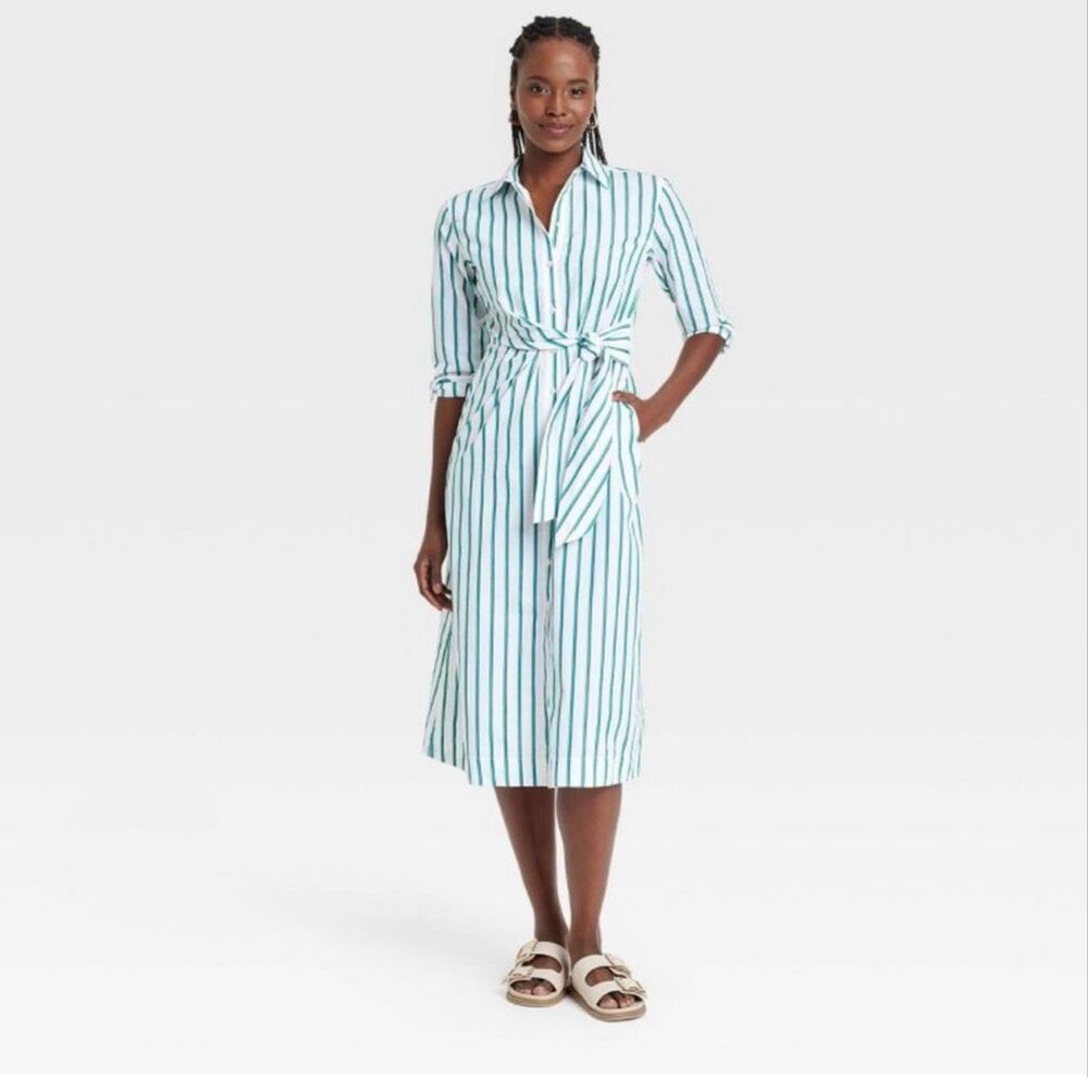 Universal Thread Green and Blue Long Sleeve Midi Shirt Dress Size Small